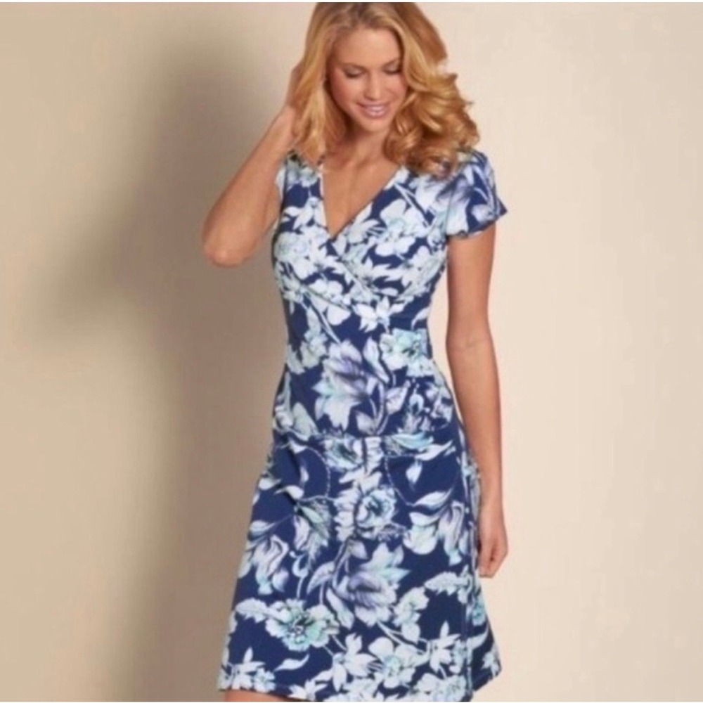 Soft Surroundings Shapely‎ Anywhere Faux Wrap Dress L Blue Floral Short Sleeve